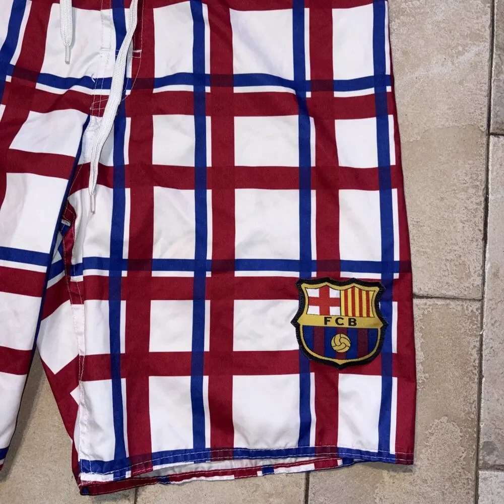 FC Barcelona Board Shorts Mens 36 Plaid Swim Trunks Icon Sports Group Vintage